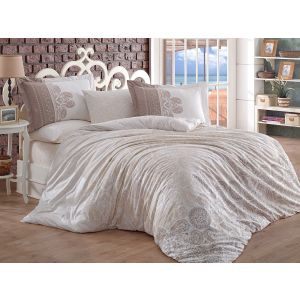 Parure lit double 4 pièces Noctas Popeline de Coton Motif cachemire Beige et Blanc