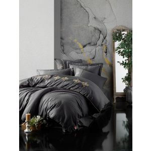Parure lit double 6 pièces Noctis bordée 100% Coton satiné Jaune et Anthracite