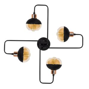 Plafonnier 4 lampes soucoupes Lumena Verre Transparent et Métal Noir et Or