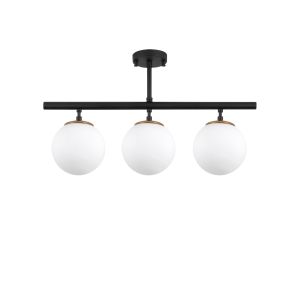 Plafonnier barre 3 lampes Cluabar 60cm Verre Blanc et Métal Noir et Or antique