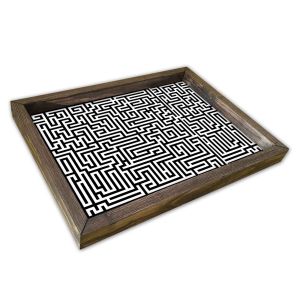 Plateau de table rectangle Caupona 30x40cm Pin massif foncé et Motif Labyrinthe Noir et Blanc