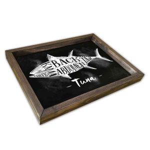 Plateau de table rectangle Caupona 30x40cm Pin massif foncé et Motif Thon Blanc et Noir
