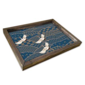 Plateau de table rectangle Caupona 30x40cm Pin massif foncé et Motif Cigognes et géométrique abstrait