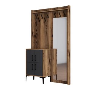 Portemanteaux 4 portes et Miroir Shera 120x200cm Bois Naturel et Anthracite