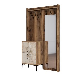 Portemanteaux 4 portes et Miroir Shera 120x200cm Bois Naturel et Blanc effet marbre
