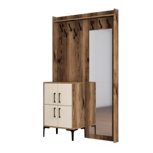 Portemanteaux 4 portes et Miroir Shera 120x200cm Bois Naturel et Blanc Blanc créme