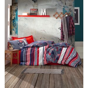 Set 3 pièces parure de lit junior Noctis Les Bikers Coton Renforcé Rouge Bleu foncé Blanc