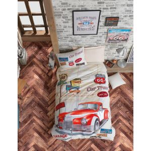 Set 3 pièces parure de lit junior Noctis Route 66 Coton Renforcé Beige Rouge Jaune Gris Bleu