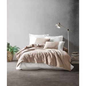 Set 3 pièces parure de lit simple Haki 100% Coton 2 tons Taupe et Blanc crème