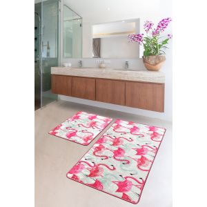 Set de 2 tapis de salle de bain ovales Artem flamants Micro Polyamide Multicolore