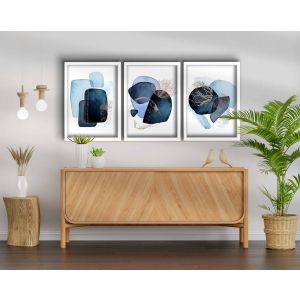 Set de 3 tableaux décoratifs avec cadres Blanc Arès L38xH53cm Style Abstrait Bleu