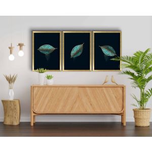 Set de 3 tableaux décoratifs avec cadres Blanc Halios L38xH53cm Feuilles Bleu et Noir