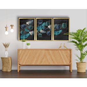 Set de 3 tableaux avec cadres Blanc Keto L38xH53cm Feuilles et plumes Bleu et Noir