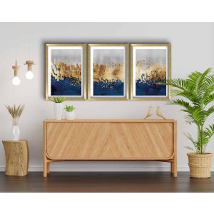 Set de 3 tableaux décoratifs avec cadres Or Aspos L38xH53cm Style Abstrait Bleu, Gris et Or