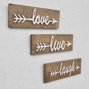 Set de 3 décorations murales Barhazy Bois massif foncé et Motif "Love, Live, Lough" Blanc