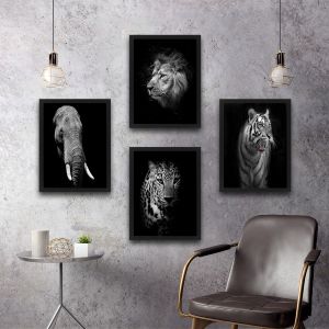 Set de 4 peintures décoratives Harmonicus 30x40cm animaux Panneau Stratifié Noir et Blanc