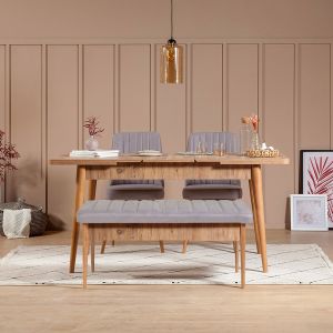 Set table extensible 2 chaises et banquette Malva Bois clair et Tissu Gris