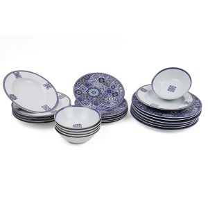 Set vaisselle service dîner 24 pièces Marckel 100% Céramique Motif Faïence arabesque Bleu et Blanc