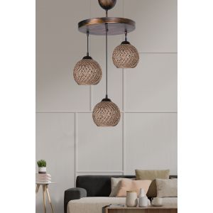 Suspension 3 lampes escalier Brax D32cm Métal Or antique et Jute Beige