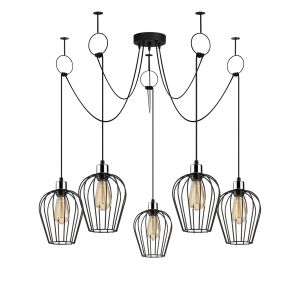 Suspension 5 lampes à cage filaire araignée Cyclos 120cm Métal Noir