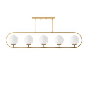 Suspension 5 lampes Vocrana 122cm Verre Blanc et Métal Or