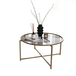 Table basse Extrahere Ø83x40cm Métal Or et Verre Trempé Fumé