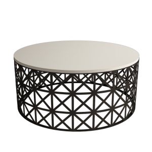 Table basse ovale Ellipticum support grille ajouré Bois Blanc Crème et Métal Noir