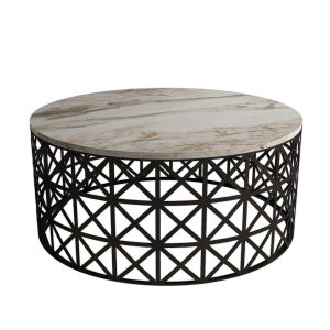 Table basse ovale Ellipticum support grille ajouré Bois Marbre Blanc et Métal Noir