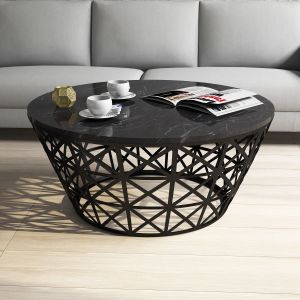 Table basse ovale Ellipticum support grille conique Bois Marbre Noir et Métal Noir