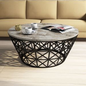 Table basse ovale Ellipticum support grille conique Bois Marbre Blanc et Métal Noir
