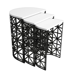 Table gigogne 3 pièces Arrondie Zachem Métal Noir et Bois Blanc