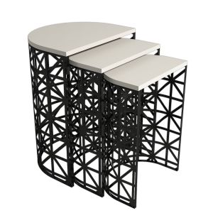Table gigogne 3 pièces Arrondie Zachem Métal Noir et Bois Blanc Blanc créme
