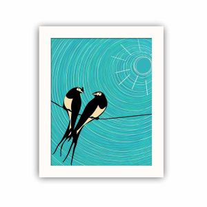 Tableau décoratif Ausilia 23,5x28,5cm Bois Blanc Motif 2 hirondelles Noir, Blanc et Bleu ciel