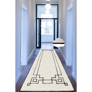 Tapis de couloir Abad 80x100cm Velours Motif Géométrique Beige et Noir