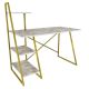 Bureau design à étagères Lilowan L120cm Bois Effet marbre Blanc et Métal Or