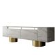 Meuble Tv design 2 portes basculantes Merna L180cm Bois Effet travertin beige et Métal Or