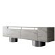 Meuble Tv design 2 portes basculantes Merna L180cm Bois Effet travertin beige et Métal Argent