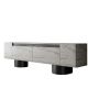Meuble Tv design 2 portes basculantes Merna L180cm Bois Effet travertin beige et Métal Noir