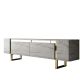 Meuble Tv design 2 portes basculantes Merany L180cm Bois Effet travertin beige et Métal Or