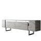 Meuble Tv design 2 portes basculantes Merany L180cm Bois Effet travertin beige et Métal Argent