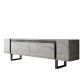 Meuble Tv design 2 portes basculantes Merany L180cm Bois Effet travertin beige et Métal Noir
