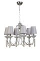 Lustre américain classique 6 ampoules Donal D65cm Verre Transparent, Tissu Gris et Métal Chrome