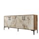 Buffet bas 4 portes Vranus 180cm Bois Naturel et Blanc effet marbre et Métal Noir