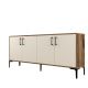 Buffet bas 4 portes Vranus 180cm Bois Naturel et Blanc crème et Métal Noir
