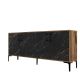 Buffet bas 4 portes Vranus 180cm Bois Naturel et Noir effet marbre et Métal Noir