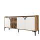 Buffet bas 4 portes Zenger 180cm Bois Naturel et Blanc et Métal Noir
