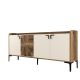 Buffet bas 4 portes Zenger 180cm Bois Naturel et Blanc crème et Métal Noir
