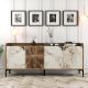 Buffet bas 4 portes Zenger 180cm Bois Naturel et Blanc effet marbre et Métal Noir