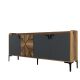 Buffet bas 4 portes Zenger 180cm Bois Naturel et Anthracite et Métal Noir