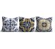 Lot de 3 coussins Mok 43x43cm Tissu Motif Victorien Bleu, Blanc et Jaune